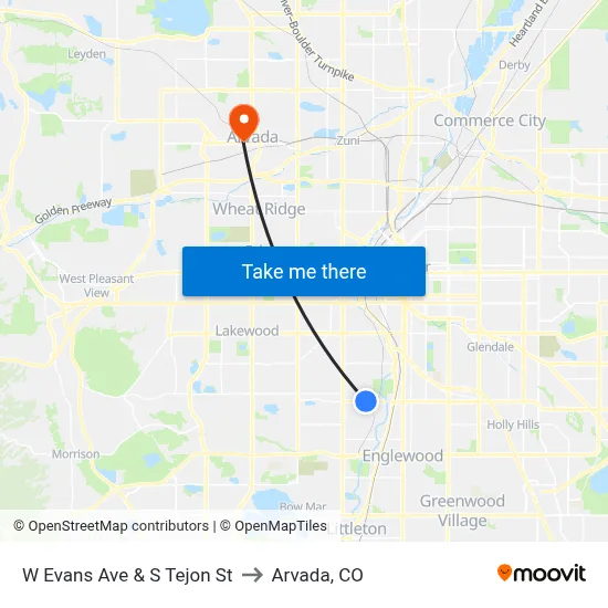 W Evans Ave & S Tejon St to Arvada, CO map
