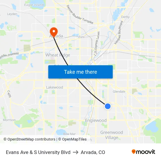 Evans Ave & S University Blvd to Arvada, CO map