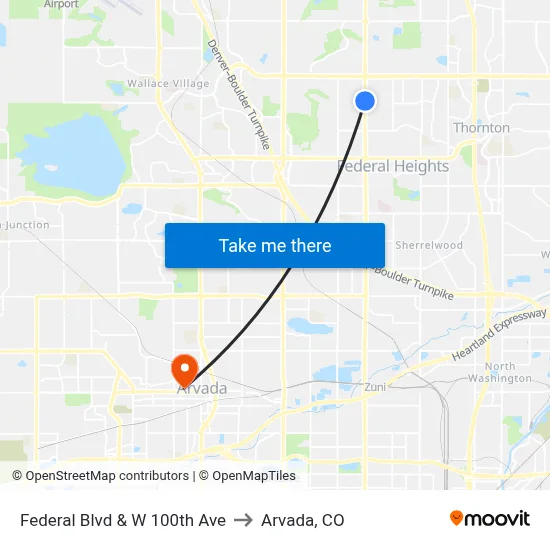 Federal Blvd & W 100th Ave to Arvada, CO map