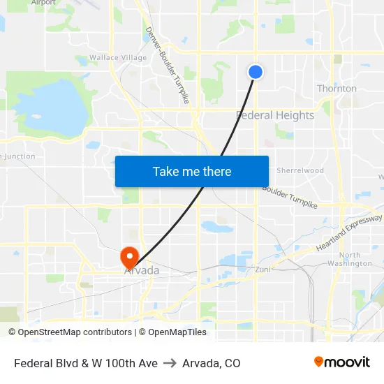 Federal Blvd & W 100th Ave to Arvada, CO map