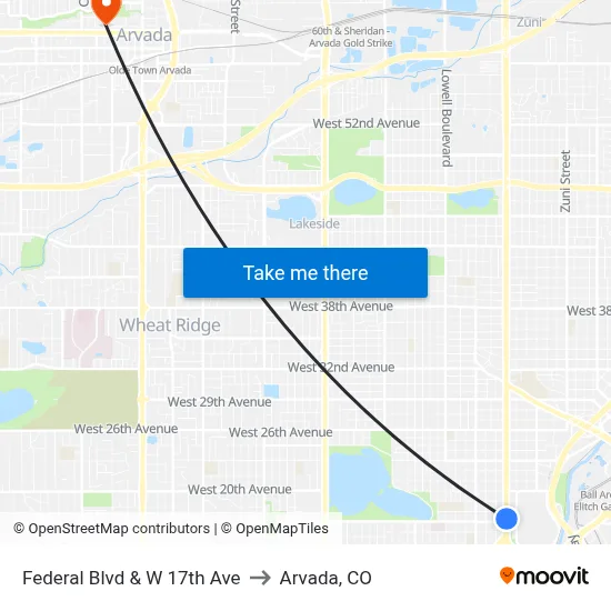 Federal Blvd & W 17th Ave to Arvada, CO map