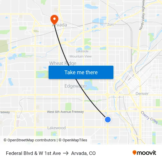 Federal Blvd & W 1st Ave to Arvada, CO map