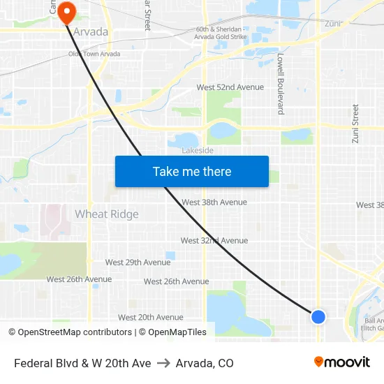 Federal Blvd & W 20th Ave to Arvada, CO map