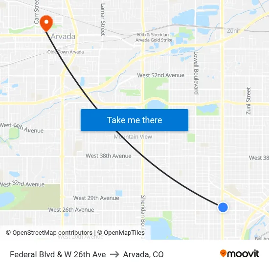 Federal Blvd & W 26th Ave to Arvada, CO map