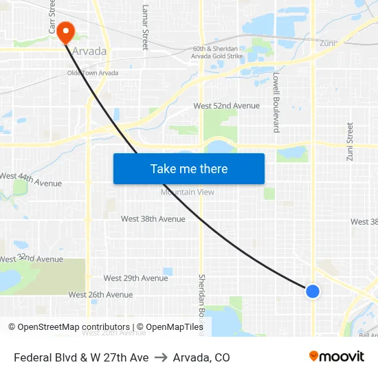 Federal Blvd & W 27th Ave to Arvada, CO map