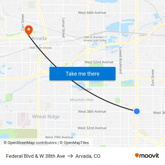 Federal Blvd & W 38th Ave to Arvada, CO map