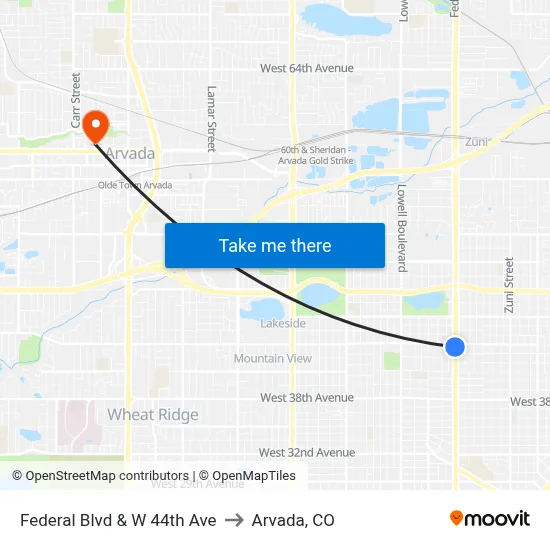 Federal Blvd & W 44th Ave to Arvada, CO map