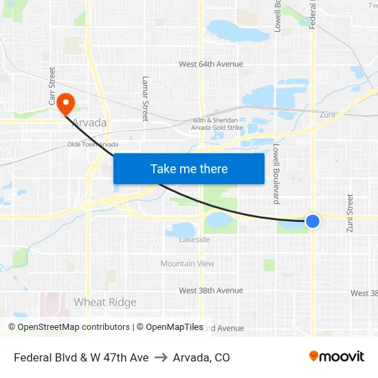 Federal Blvd & W 47th Ave to Arvada, CO map