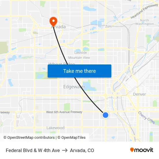 Federal Blvd & W 4th Ave to Arvada, CO map