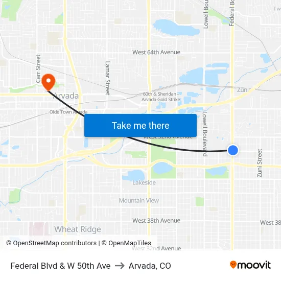 Federal Blvd & W 50th Ave to Arvada, CO map