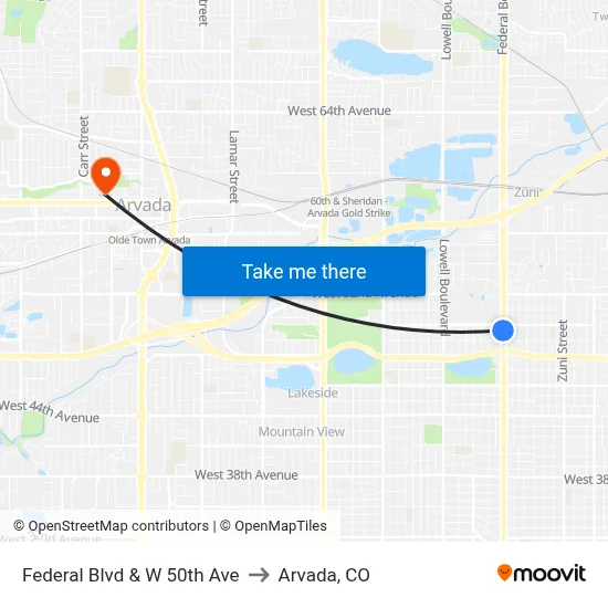 Federal Blvd & W 50th Ave to Arvada, CO map