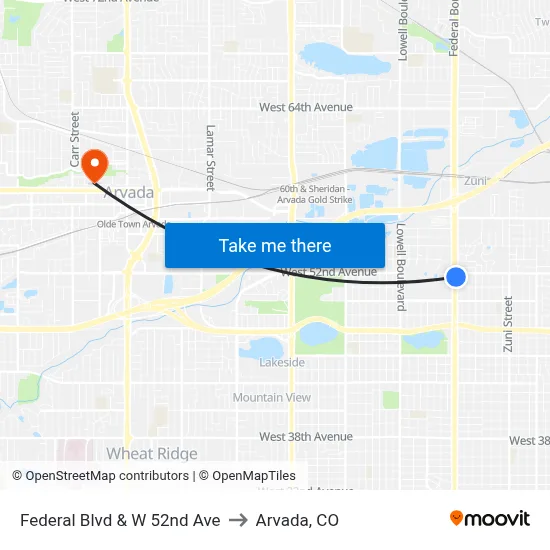 Federal Blvd & W 52nd Ave to Arvada, CO map