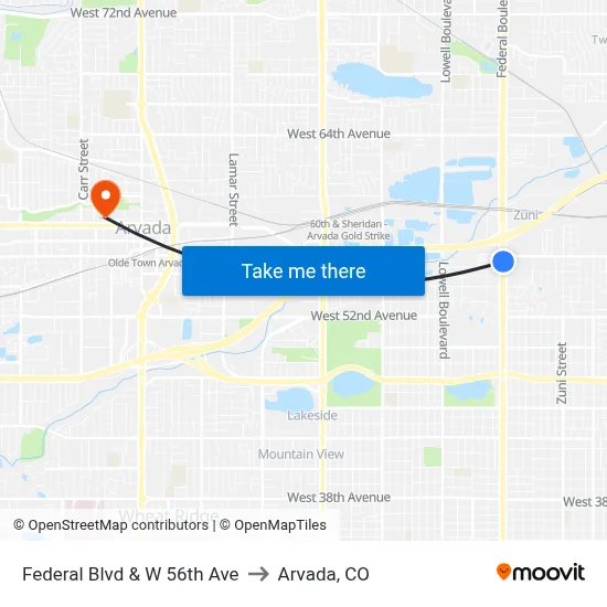Federal Blvd & W 56th Ave to Arvada, CO map