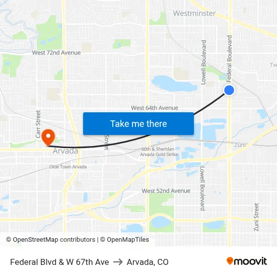 Federal Blvd & W 67th Ave to Arvada, CO map