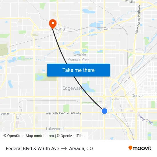 Federal Blvd & W 6th Ave to Arvada, CO map