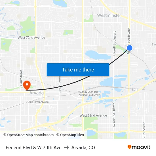 Federal Blvd & W 70th Ave to Arvada, CO map