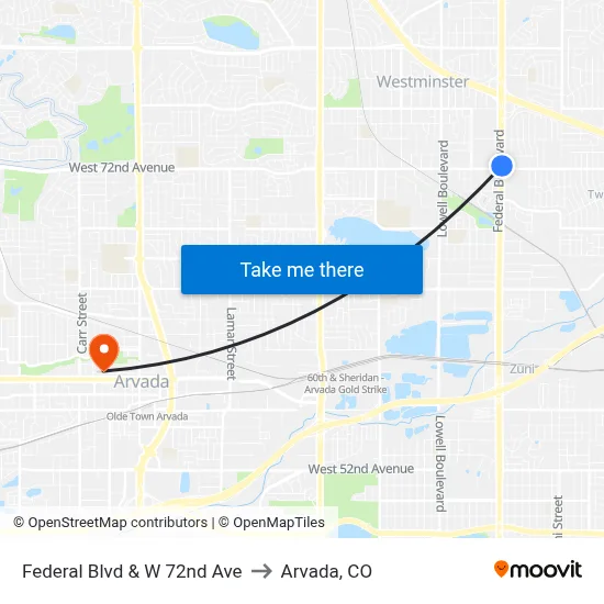 Federal Blvd & W 72nd Ave to Arvada, CO map