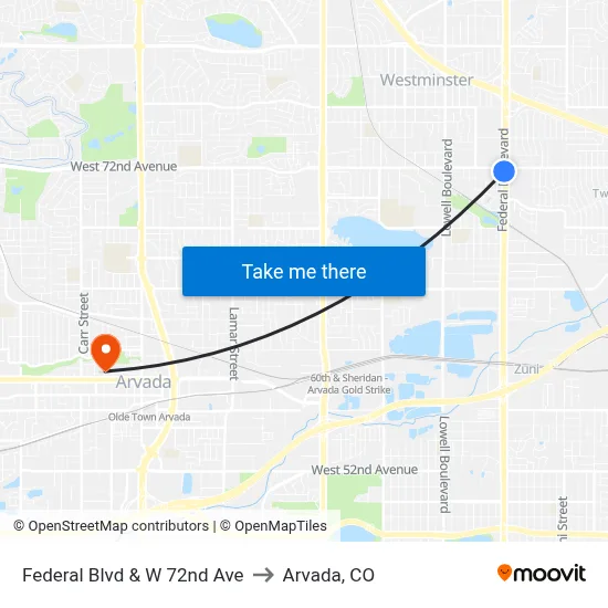 Federal Blvd & W 72nd Ave to Arvada, CO map