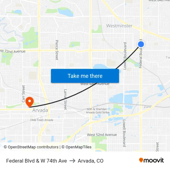 Federal Blvd & W 74th Ave to Arvada, CO map