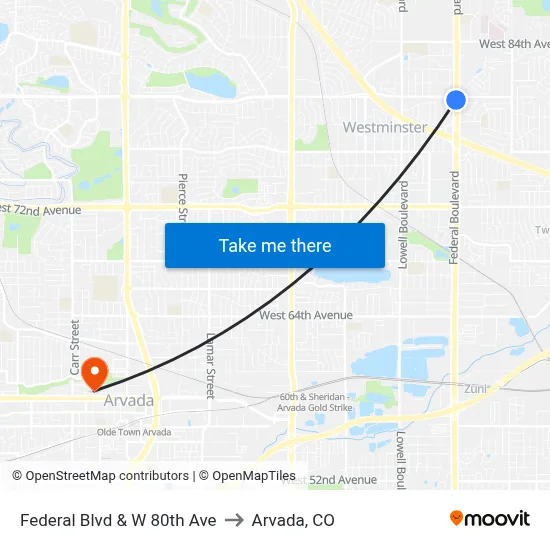 Federal Blvd & W 80th Ave to Arvada, CO map