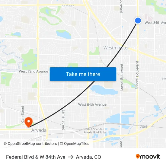 Federal Blvd & W 84th Ave to Arvada, CO map