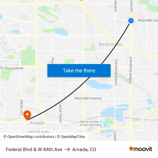 Federal Blvd & W 84th Ave to Arvada, CO map