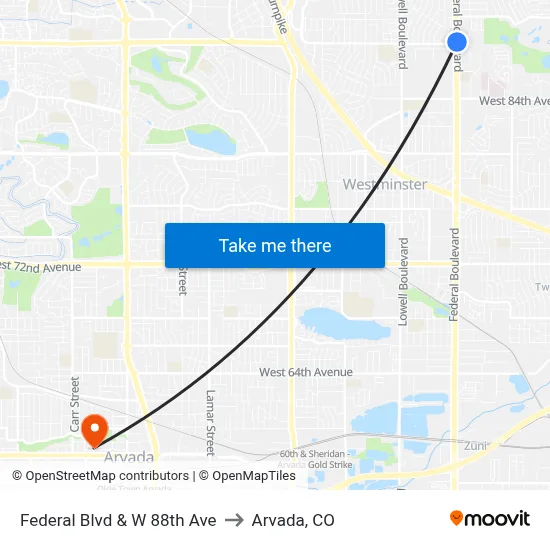 Federal Blvd & W 88th Ave to Arvada, CO map