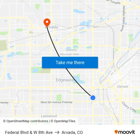 Federal Blvd & W 8th Ave to Arvada, CO map