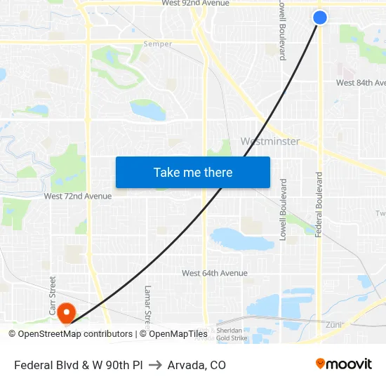Federal Blvd & W 90th Pl to Arvada, CO map