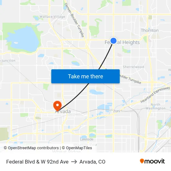 Federal Blvd & W 92nd Ave to Arvada, CO map