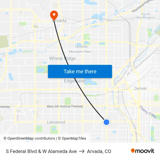 S Federal Blvd & W Alameda Ave to Arvada, CO map