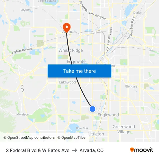 S Federal Blvd & W Bates Ave to Arvada, CO map