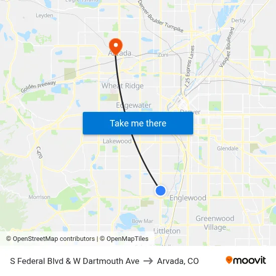 S Federal Blvd & W Dartmouth Ave to Arvada, CO map