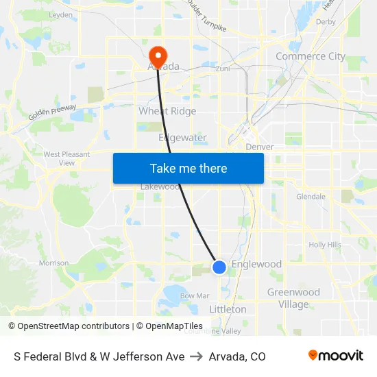 S Federal Blvd & W Jefferson Ave to Arvada, CO map