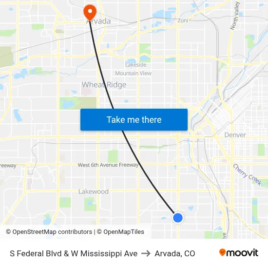 S Federal Blvd & W Mississippi Ave to Arvada, CO map