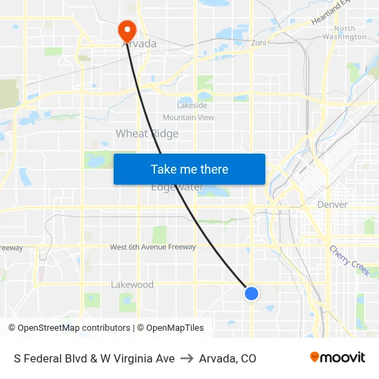 S Federal Blvd & W Virginia Ave to Arvada, CO map