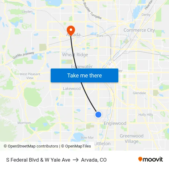 S Federal Blvd & W Yale Ave to Arvada, CO map