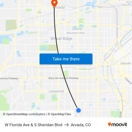 W Florida Ave & S Sheridan Blvd to Arvada, CO map