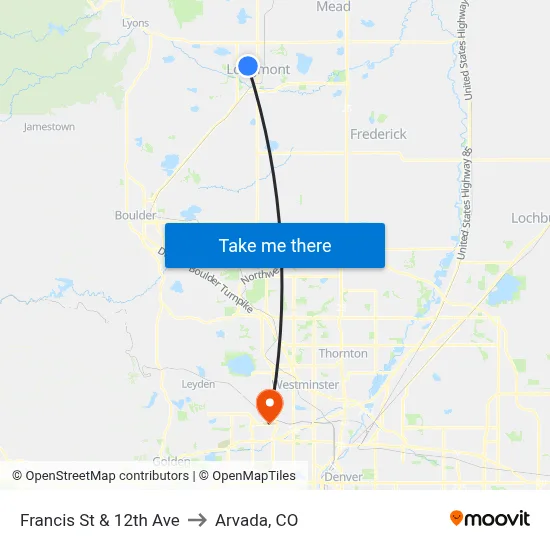 Francis St & 12th Ave to Arvada, CO map
