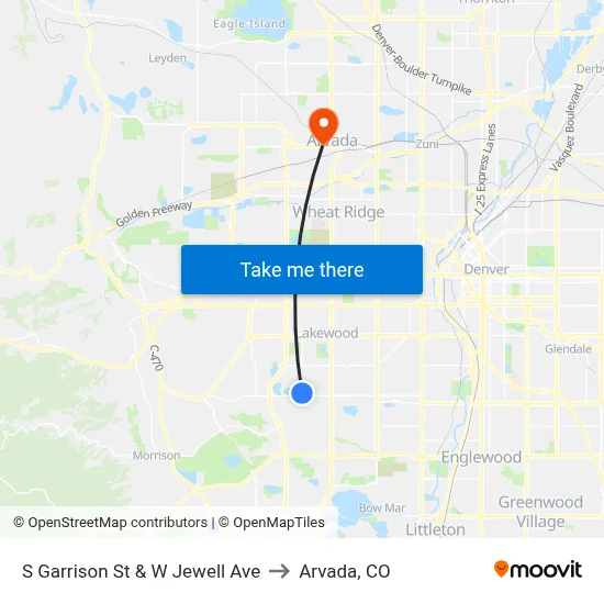 S Garrison St & W Jewell Ave to Arvada, CO map