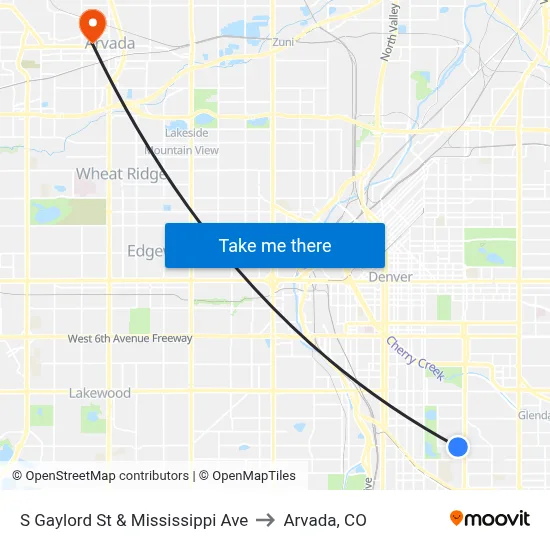 S Gaylord St & Mississippi Ave to Arvada, CO map