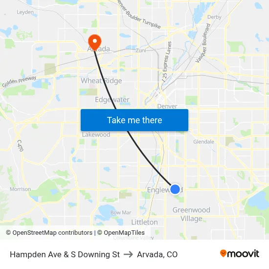 Hampden Ave & S Downing St to Arvada, CO map