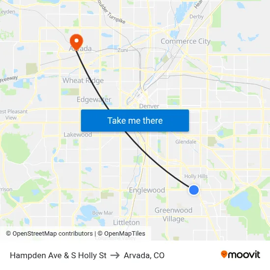 Hampden Ave & S Holly St to Arvada, CO map