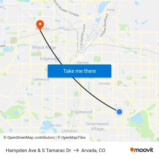 Hampden Ave & S Tamarac Dr to Arvada, CO map