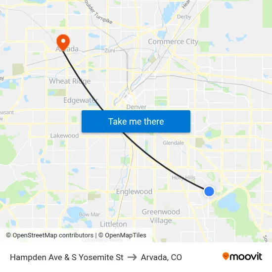 Hampden Ave & S Yosemite St to Arvada, CO map
