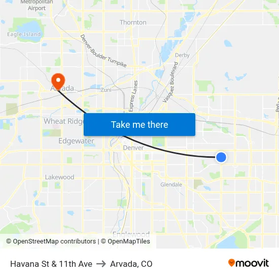 Havana St & 11th Ave to Arvada, CO map
