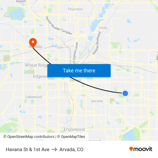 Havana St & 1st Ave to Arvada, CO map