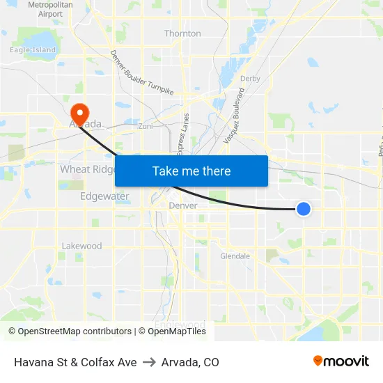 Havana St & Colfax Ave to Arvada, CO map