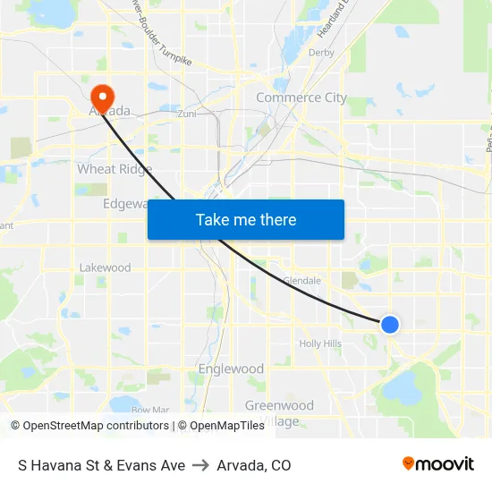 S Havana St & Evans Ave to Arvada, CO map