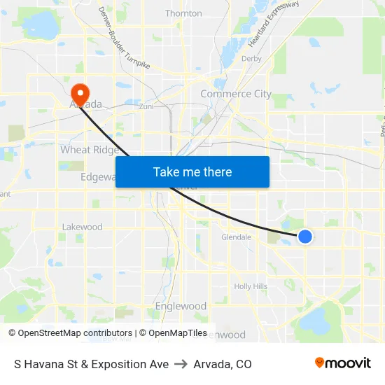 S Havana St & Exposition Ave to Arvada, CO map